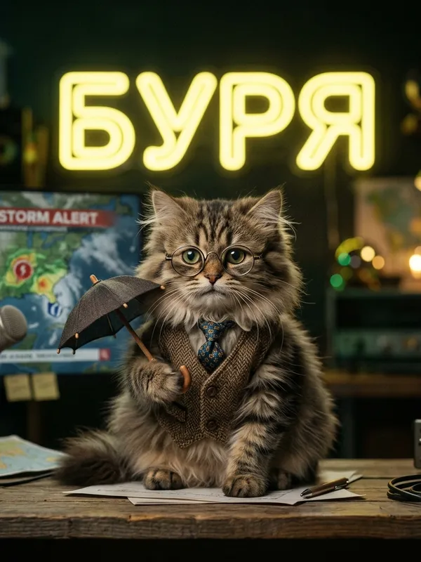 Усталая женщина пьет чай на фоне неоновой вывески БУРЯ